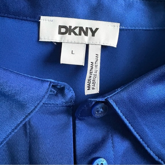 DKNY Blue Satin Button Down Hidden Button Long Sleeve Shirt - Office Siren - Picture 3 of 17